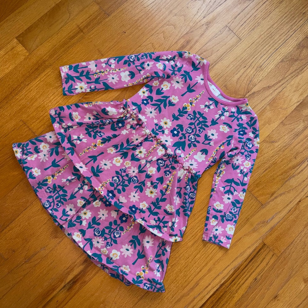 Hanna Andersson Girls Pink Floral Tiered Long Sleeve Cotton Dress Size 4 / 100 - Picture 4 of 8